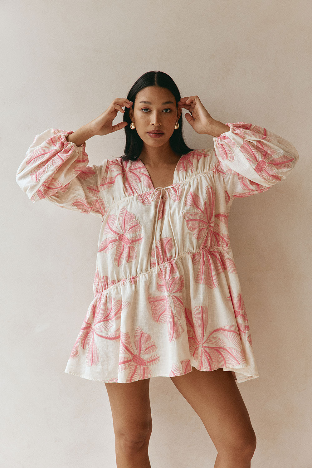 Pink Spring Floral Print Boxy Gathered Mini Naloo Dress