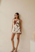 Ellis Thick Strap Cutout Tie Mini Dress - Brown, White Sunroom Chocolate Print