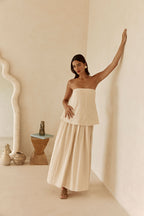 Beige Boxy Pleated Maxi Aviana Dress