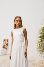 White Button Split Maxi Odessa Dress