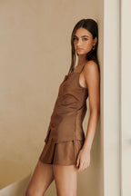 Chocolate Brown Strappy Asymmetric Mini Del Ray Dress