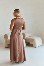 Brown  V Neck Cut Out Lace Maxi Dynasty Dress
