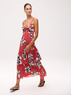 SHAKESPEARE FLOWERS - Vestido tirantes estampado flores y falda con volante diagonal, para invitadas de boda, fiesta y eventos de primvera y verano. MIOH es la marca de vestidos de invitada de boda y fiesta de referencia en España